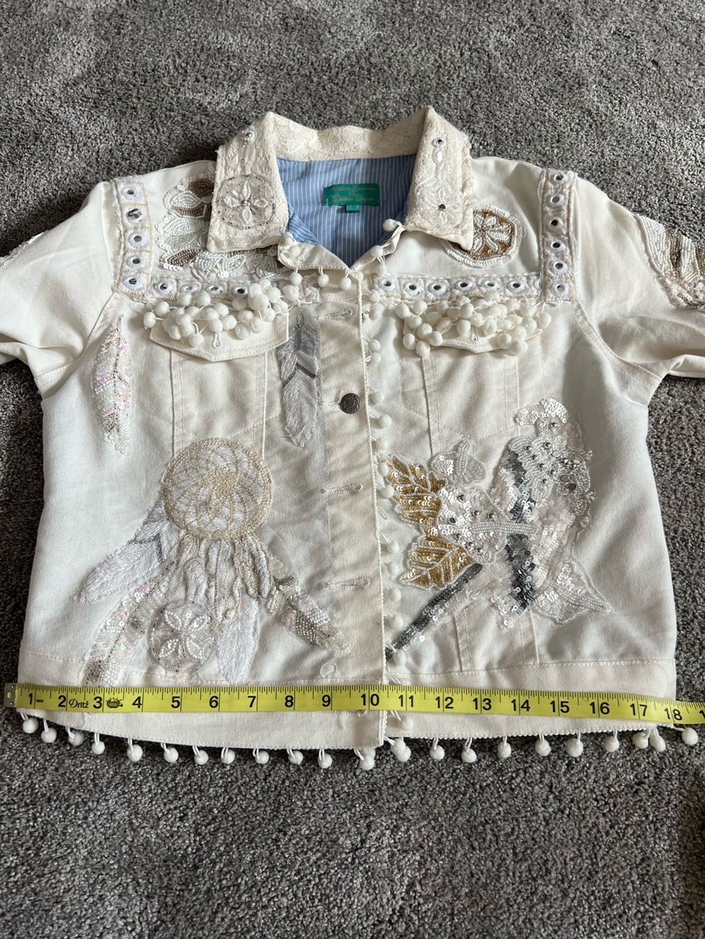Antica Santoria Embellished White  Denim Jacket with Pom Pom Details - Picture 8 of 15